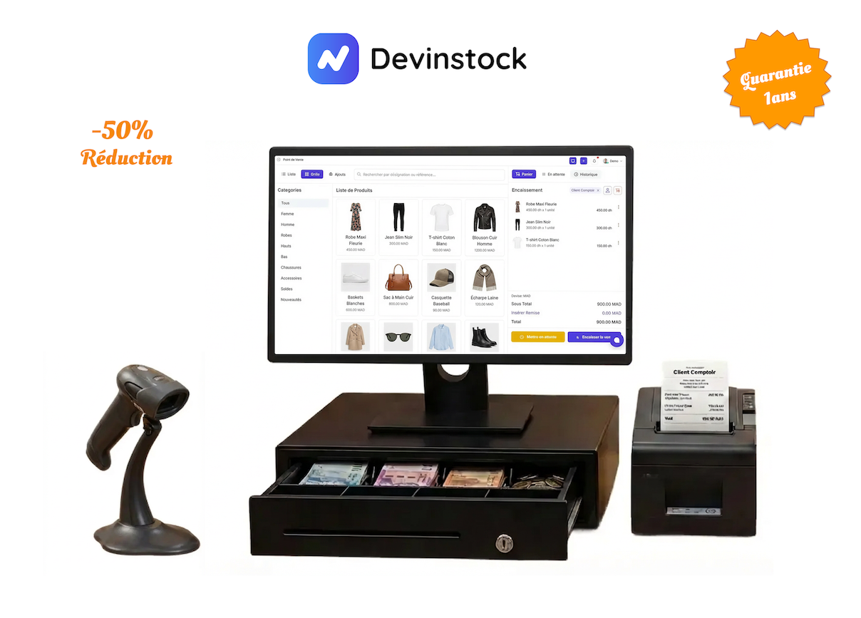 Interface Mouderly POS pour magasin de vêtements - Écran de caisse avec produits, catégories et encaissement