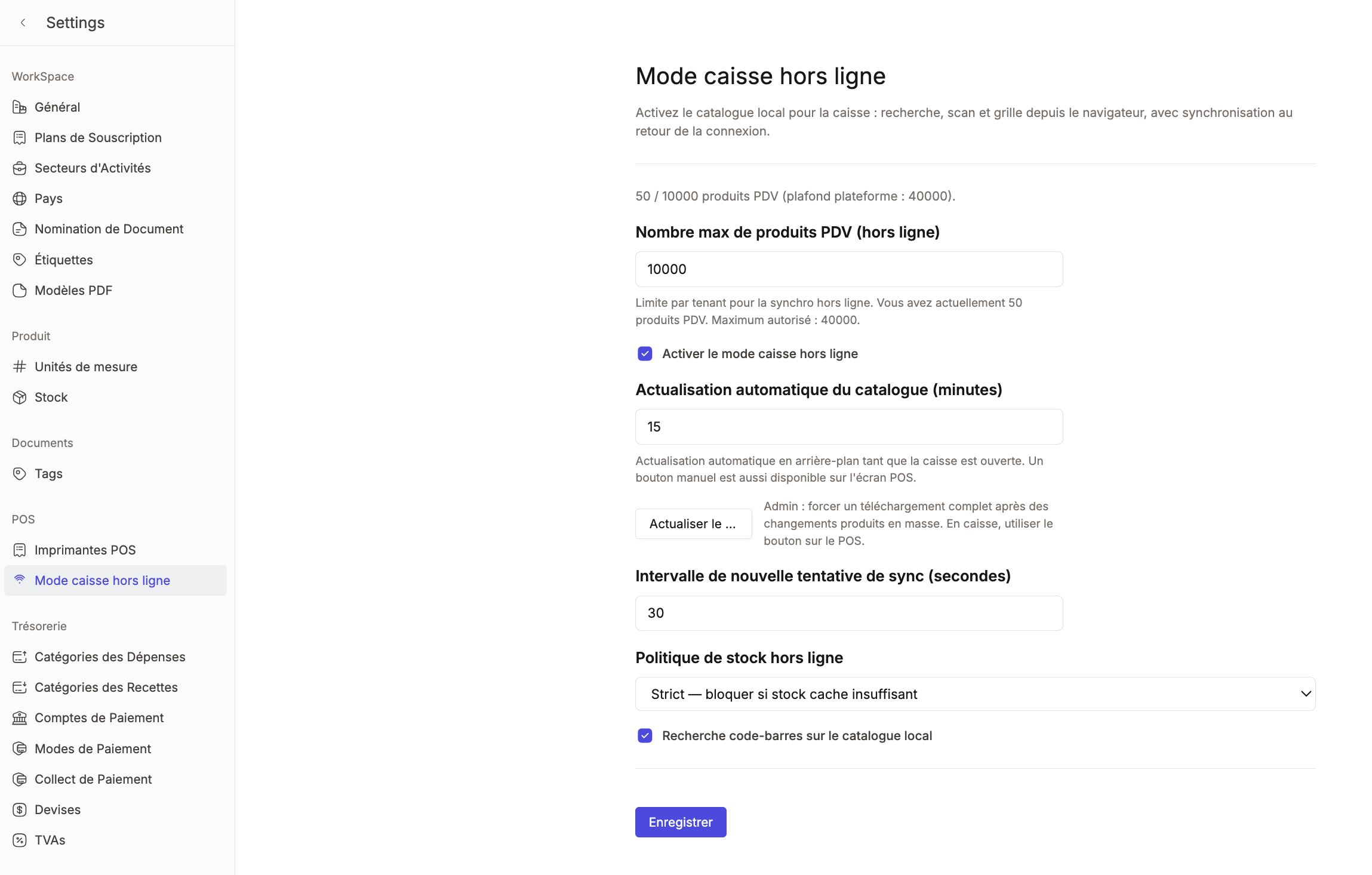 Réglages Mode caisse hors ligne, catalogue local et synchronisation
